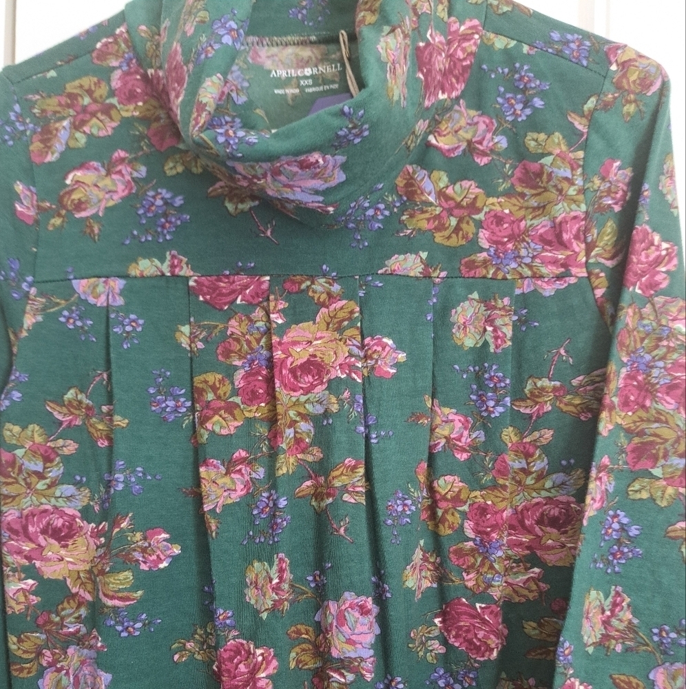 APRIL CORNELL forest comfort jersey tunic floral cowl neck long sleeve top  XXS - Picture 6 of 11